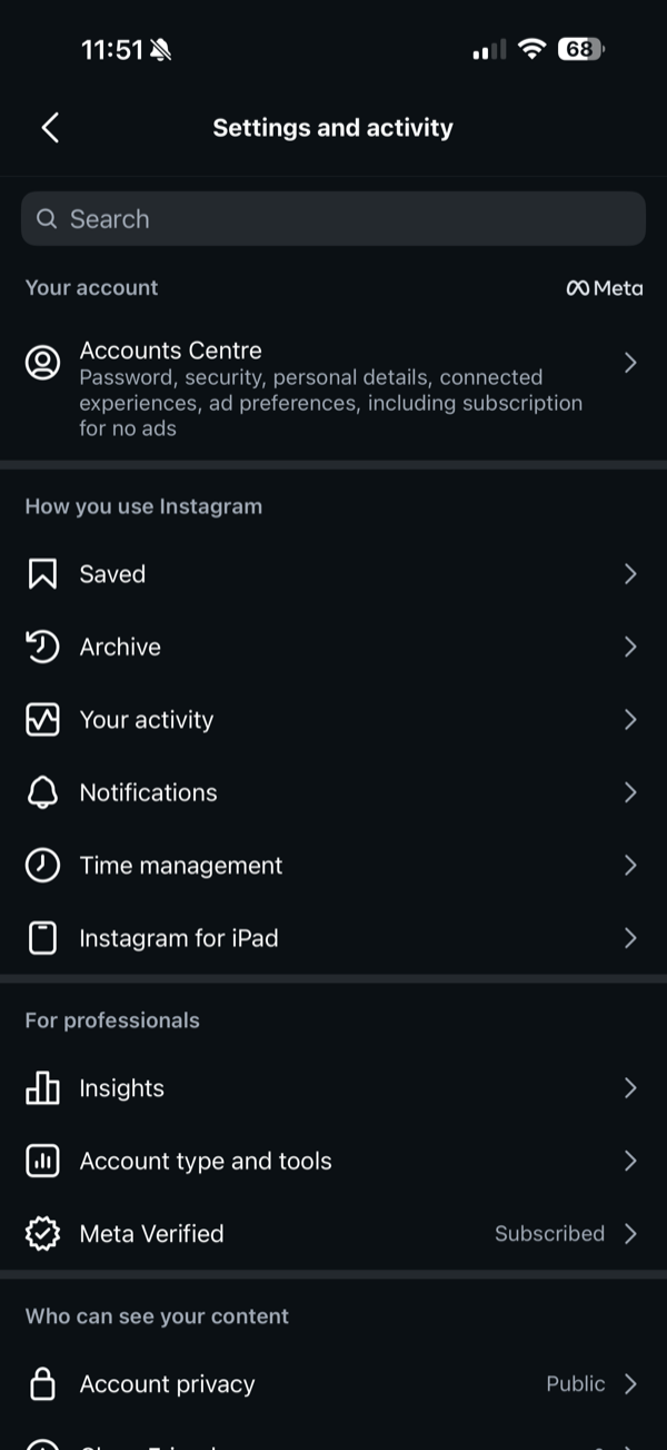 Step 1: Open Settings and activity in Instagram